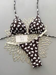 2pcs Geometric & Tropical Floral Print Swimsuit, Casual Cute Elegant Sexy Bohemian Tie-Up Bikini, Suitable For Spring/Summer Beach Vacation, Women's Set, Beach Outfit, Women's Bikini, Women's Beach Suit - Brown - View 3