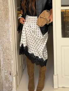 Women's Lace Trim Satin Silk Polka Dots Midi Skirt Y2K Elegant Flowy A Line Long Skirt Vintage Side Zipper Bodycon Pencil Maxi Skirts Going Out Beach Vacation Skirt Streetwear - 白色 - 查看 2