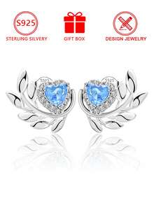 Boucles d'oreilles à tige en feuille de diamant bleu en argent sterling S925, boucles d'oreilles créoles florales en zircone cubique, style élégant et polyvalent pour le travail, cadeau pour petite amie/anniversaire, boîte cadeau - Argent - Voir 11