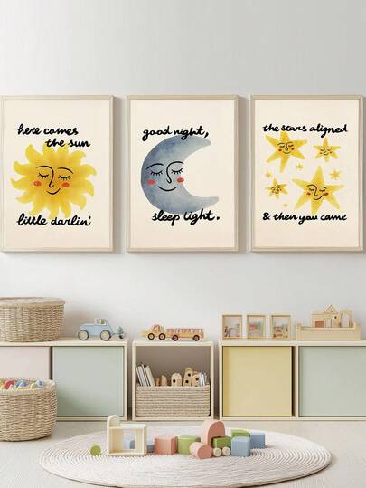1幅帆布墙画 - 婴儿用品 星空伙伴欢迎你！中性色调婴儿房海报，带框，非常适合游戏室、婴儿房、育儿室、幼儿园、男孩房、女孩房、儿童房装饰。