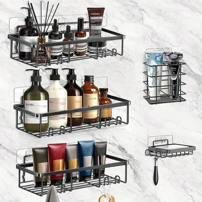 5-Piece Stainless Steel Shower Rack, Adhesive Wall Mounted Non Drilling Bathroom Storage Box, Large Capacity Metal Rack, Suitable For Shower And Kitchen Storage, Home Decoration