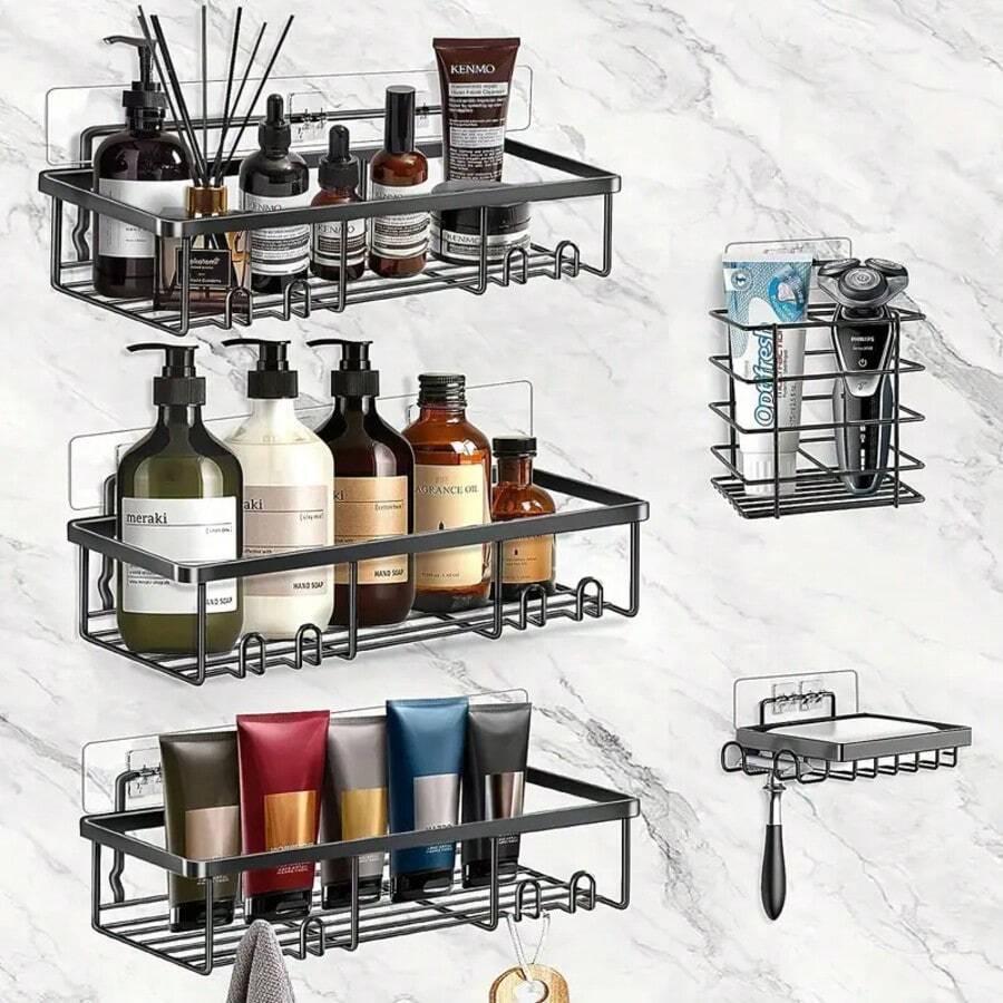 5-Piece Stainless Steel Shower Rack, Adhesive Wall Mounted Non Drilling Bathroom Storage Box, Large Capacity Metal Rack, Suitable For Shower And Kitchen Storage, Home Decoration - negro - Ver 1