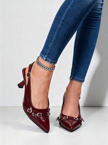 Women's Burgundy Kitten Heel Business Dressy Shoes Elegant Low Heels Pointed Toe Pumps For Valentine's Day - 酒紅色 - 查看 4