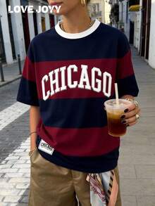 LOVE JOYY 女士运动风藏青酒红条纹圆领短袖T恤，复古宽松舒适时尚芝加哥字母印花休闲街头风上衣，夏季 - 彩色 - 查看 5
