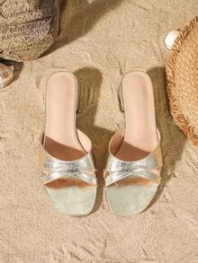 Women's Fashion Simple Comfortable Metal Gold Mule Low Heel Round Toe Open Toe Sandals - Gold - View 7