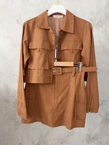 Casual Linen Shirt And Skort Set | With Belt And Pockets | Breathable Fabric - 棕色 - 查看 2