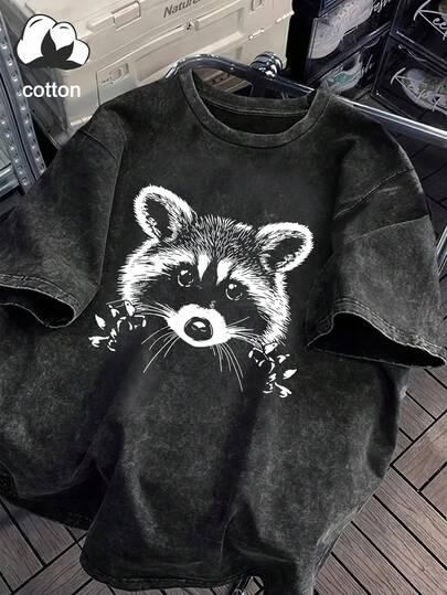 Women's Casual Hand-Painted Raccoon Round Neck Short Sleeve T-Shirt, Suitable For Spring, Summer, Autumn, Valentine's Day/Back To School, Vacation Outfits