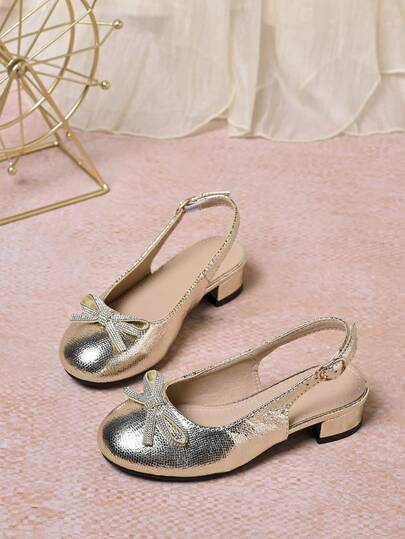 1双新款女童PU水晶水钻闪亮蝴蝶结后跟带高跟凉鞋，适合公主风、礼服、舞台表演、婚礼、节日庆典及日常穿着，春夏款