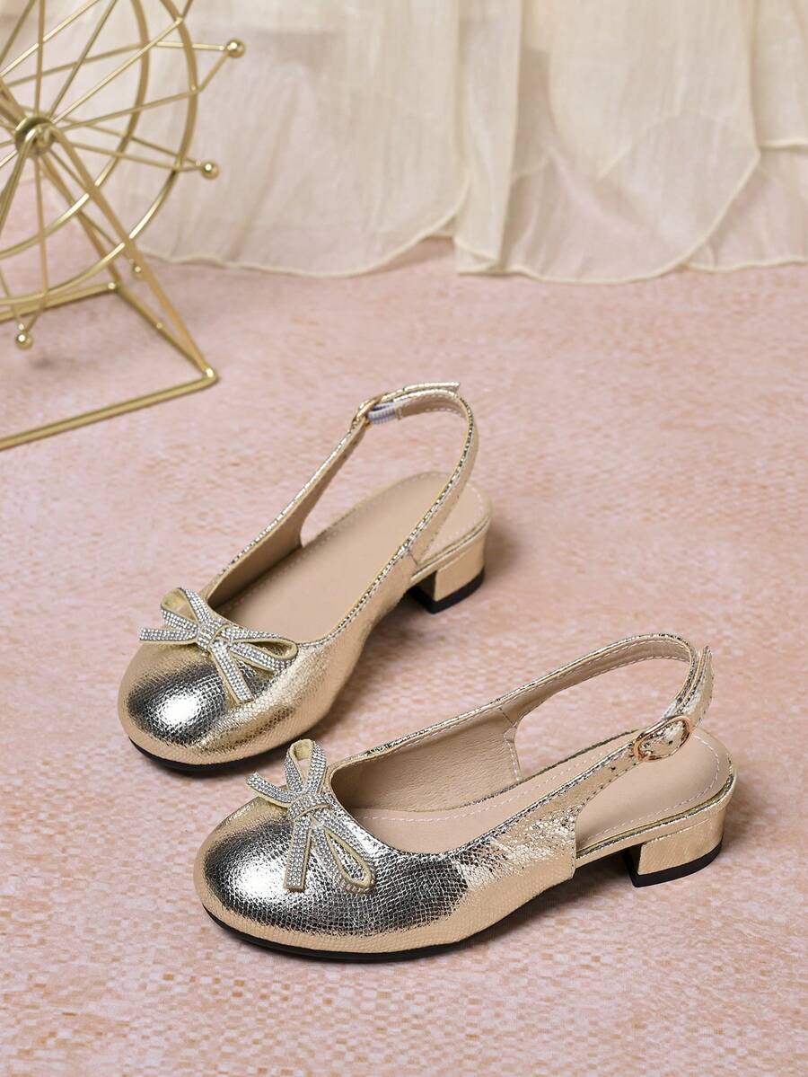 1 Pair New Girls' PU Crystal Rhinestone Shiny Bow Backstrap High Heel Sandals, Suitable For Princess, Dresses, Stage, Wedding, Festivals And Daily Wear, Spring/Summer - Gold - View 1