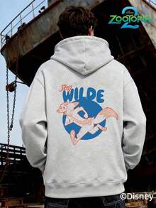 Disney 疯狂动物城系列时尚史迪奇印花连帽衫，男士宽松长袖抽绳连帽衫，秋冬印花连帽衫（男士套头连帽衫，黑色连帽衫，白色连帽衫，冬季连帽衫，灰色连帽衫，男士冬季连帽衫，加大码连帽衫） - 淺灰色 - 查看 1