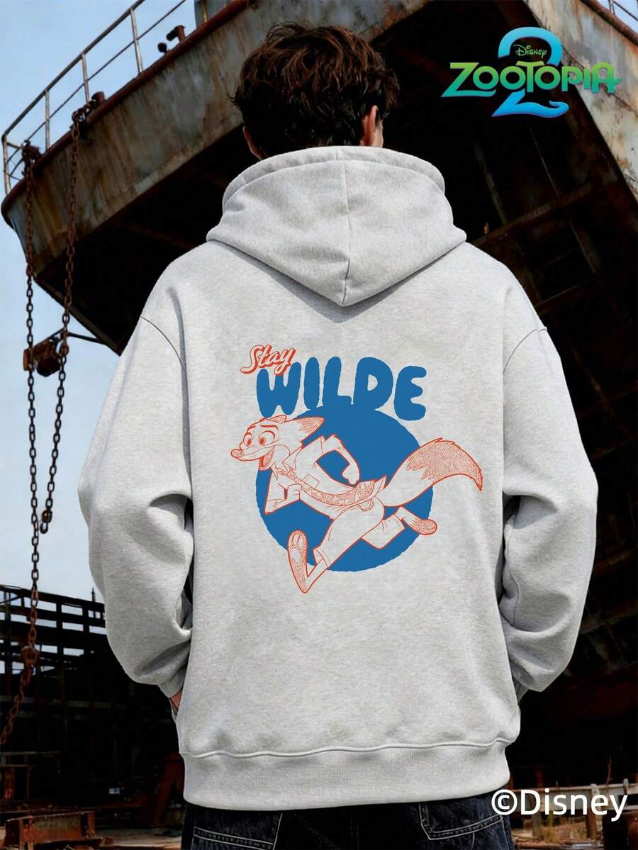 Disney 疯狂动物城系列时尚史迪奇印花连帽衫，男士宽松长袖抽绳连帽衫，秋冬印花连帽衫（男士套头连帽衫，黑色连帽衫，白色连帽衫，冬季连帽衫，灰色连帽衫，男士冬季连帽衫，加大码连帽衫） - 淺灰色 - 查看 1