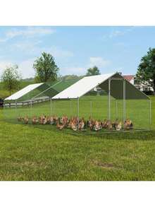 Large Metal  With Run, 9.8x25.6x6.5 Ft Walk-In Chicken Runs For Yard With Cover, Spire Roof Hen House With Security Lock For Outdoor And Backyard, Farm, Duck Rabbit Cage Poultry Pen - Bạc - Xem 1