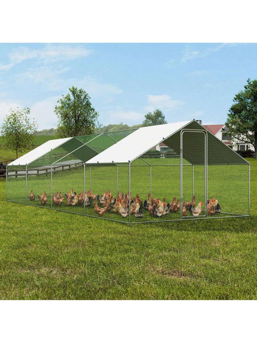Large Metal  With Run, 9.8x25.6x6.5 Ft Walk-In Chicken Runs For Yard With Cover, Spire Roof Hen House With Security Lock For Outdoor And Backyard, Farm, Duck Rabbit Cage Poultry Pen - Bạc - Xem 1