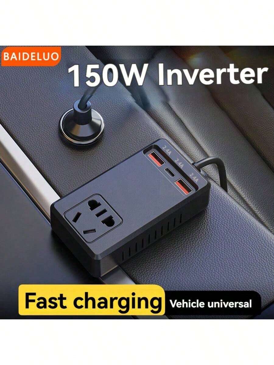 1pc Multi-Functional Car Charger Cable - 2 Sockets, 2 USB Ports, And 1 Type-C Port, Fast Charging, Suitable For Cars, Trucks, And SUV,Car Inverter Converter Plug,Multi-Functional Car Accessories - Black - View 1