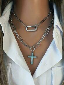 1pc Women's Silver Necklace, Featuring Delicate Long Chain And Minimalist Large Clasp, Simple And Unique. Another Women's Silver Necklace Design With Thick Chain And Cross Pendant, Understated And Elegant, Suitable For Dates Or Parties. - Silver - View 1