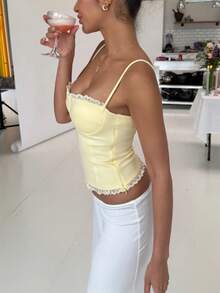 .Y Lace Trim Corset Top Low Cut Bustier Tops For Women Sleeveless Spaghetti Strap Crop Top For Going Out Party Club - Yellow - View 8