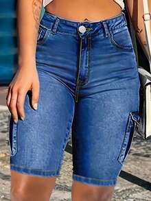 Plus-Size Women's High-Waist Denim Cargo Pants With Stylish Side Pocket Design, Suitable For Travel, Work, And Washed Stretchy Plus-Size Women's Jeans - 中等水洗藍 - 查看 2
