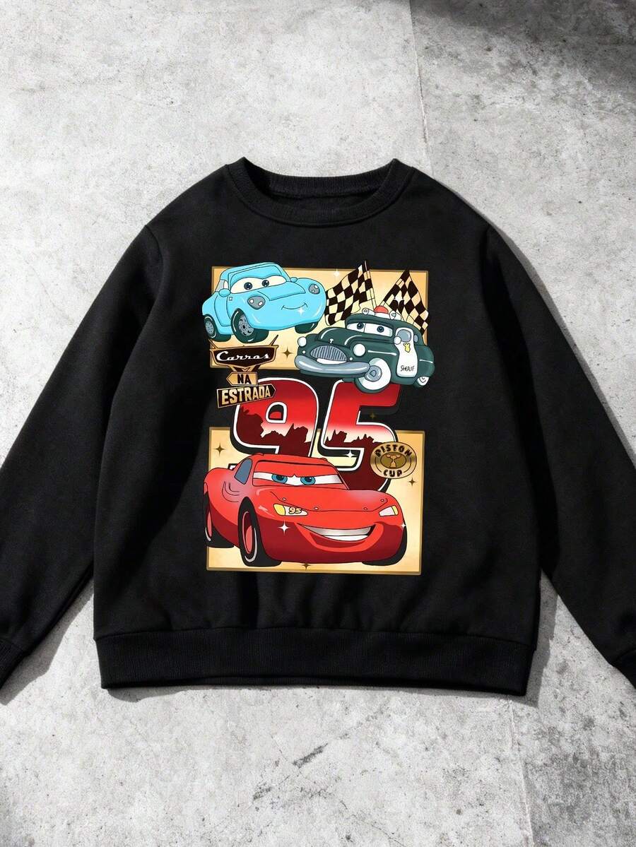 Disney Cars Lightning McQueen Alphabet Print Fall/Winter Kids' Crewneck Sweatshirt Perfect For Boys' Everyday Play Long-Sleeve Top Ideal As A Christmas Gift - màu đen - Xem 1