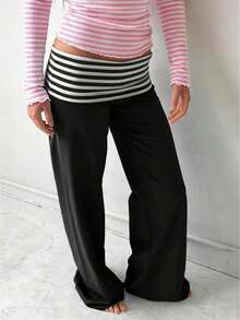 Women Low Waist Loose Fit Striped Folds Over Wide Leg Pants Lounge Home Sweatpants - 黑色 - 查看 1