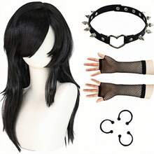 Emo Costume Women Long Black Wig Scene Wig 2000S Themed Party Outfits Pop Punk Party Goth Costume For Halloween Party (3 Fake Piercings, 1 Pair Of Fishnet Gloves, 1 Choker) ﻿ - Black - View 2