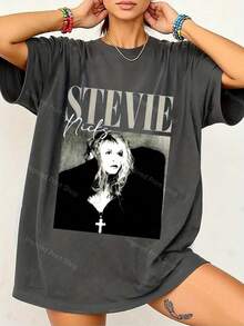 Plus Size-Funny Men's And Women's Round Neck T-Shirt Women's  Fashion T-Shirt Women'S 90s Stevie Jagger Vintage Music Tour Graphic T-Shirt - Retro 90s Pop Icon Tee With Stevie Jagger Portrait & Signature Song Titles, Soft Crew Neck Short Sleeve Casual Top For Concerts, Casual Attire & Christmas Gifts For Fans (Regular Fit - Black - View 1