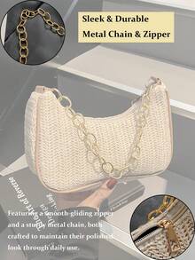 Fashionable Solid Color Woven Moon Shaped Women's Bag With Metal Chain Strap, Straw Crescent Women's Multipurpose Handbag,Casual Beach Vacation Style Shoulder Underarm Tote Bag, Eye-Catching Beach Bag, Hottest Beach Bags For Women, Fashion Summer Vacation Bag,Can Be Used As Handbag, Shoulder Bag, Tote Bag, Beach Bag, Casual Woven Bag, And Cell Phone Bag, Summer Essentials, Perfect For Vacation & Holiday, Beach Purse, Perfect For Summer, Vacation & Daily Use, Travel Must Haves[US Local Warehouse]The Best Gift Choice, Birthday Gift - 彩色 - 查看 8