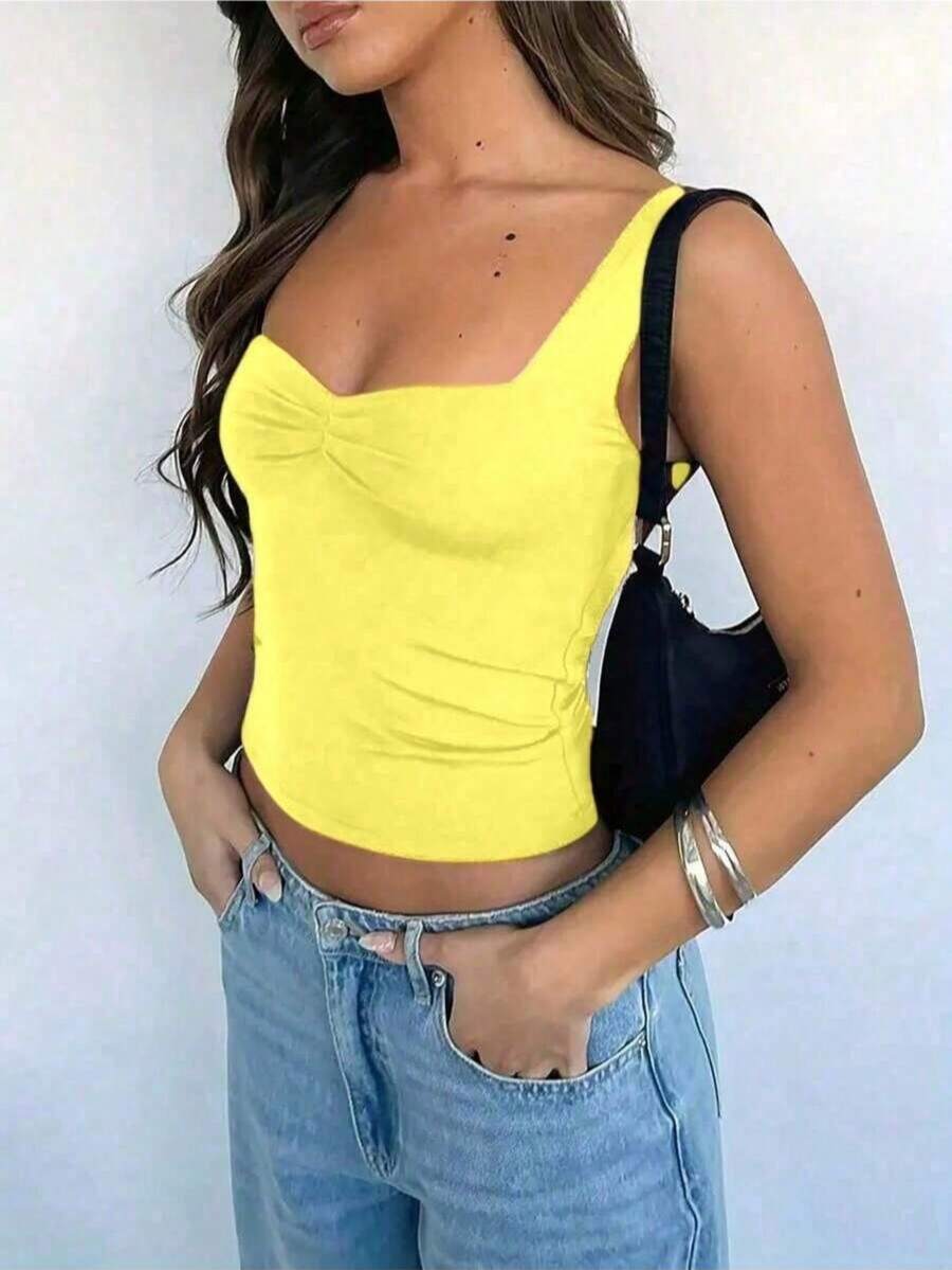 Women's Basic Suplex Cropped Blouse, Fitted And Comfortable, Casual Or Stylish Look, Simple And Elegant, Wrinkled Knitted Fabric - Màu vàng - Xem 1