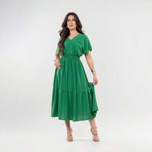 Set Of 2 Women's Midi Dresses With V-Neck, Ruffled Hem, And Modern Casual Style - Gạch/Xanh lá cây - Xem 5