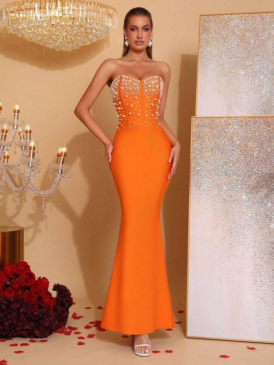 New Sexy Strapless Pink Pearl Decor Wedding Party Cocktail Evening Gown - Jeruk - View 1