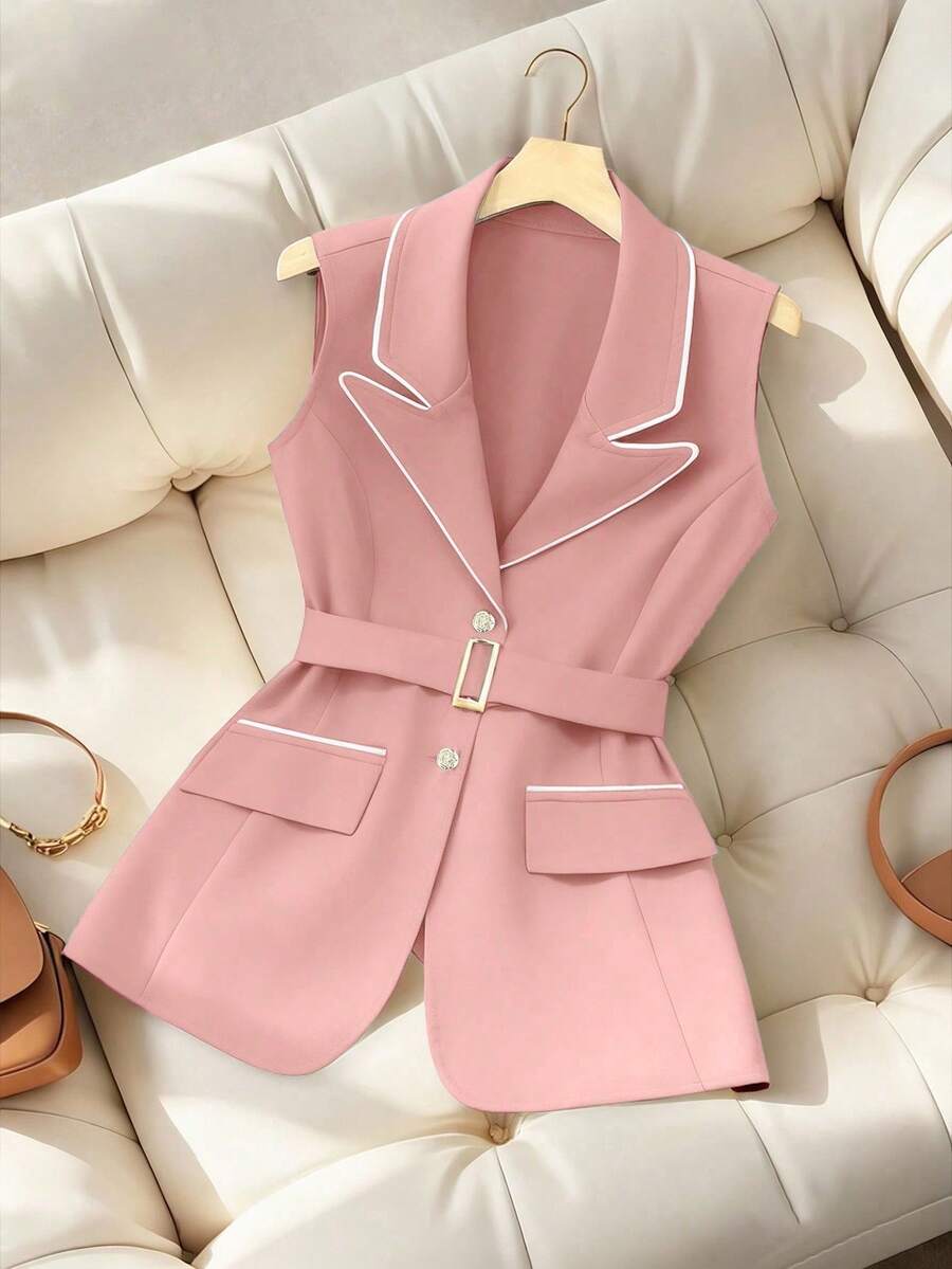 Plus Size Pink Sleeveless Blazer Jacket With Belt, Regular Length Spring - Pink - View 1
