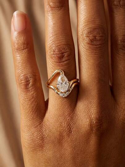 2pcs/Set S925 Sterling Silver Diamond-Accented Teardrop V-Shaped Ring Set, Elegant Women's Rings Suitable For Dates, Parties, Anniversaries, Exquisite Jewelry Gift For Her