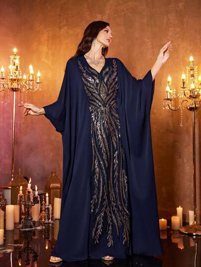  UNITHORSE 女士 V 领蝙蝠袖长款奢华高端优雅亮片蕾丝拼接哑光缎面睡裙