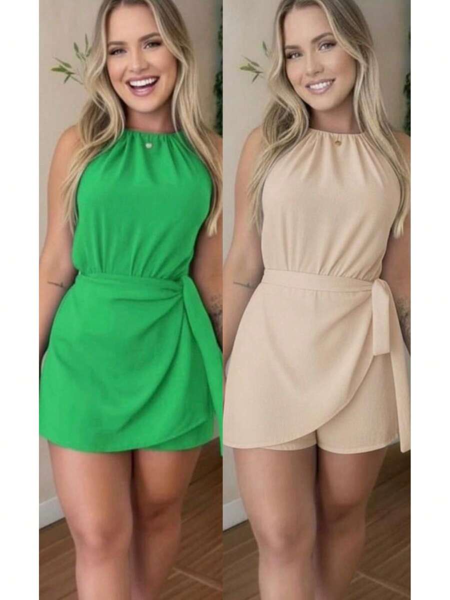 Women's Summer Fashion Jumpsuit Set - Duna - 兩件套 - 綠色和米色連身衣 - 查看 1