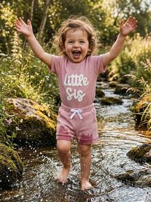 Conjunto de dos piezas para bebé niña: pelele de manga corta con cuello redondo y bordado de letras a la moda y shorts con cintura elástica. - Rosa - Ver 2