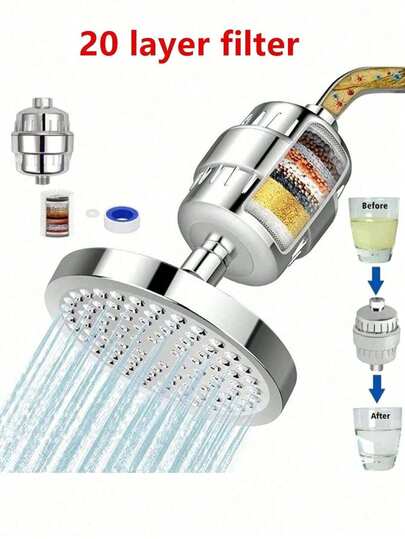 1pc 20 Stage Shower Hard Water Purification Filter Showerhead, Activated Carbon Water Purifier, Chlorine Removal Reduce Dry Itchy Skin