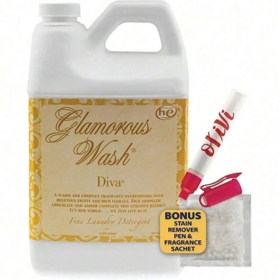 Tyler Candle Diva Glamorous Wash Liquid Laundry Detergent (64 Fl Oz Bottle, 24 Loads) Offers A Luxurious Laundry Experience With Its Elegant, Signature Fragrance. Perfect For Special Garments And Premium Fabrics, This Detergent Not Only Provides A Deep Clean But Also Nourishes And Maintains Fabric Integrity. The Complete Care System Includes An Olivi Stain Remover Pen For Spot Treatment And A Fresh-Scented Sachet To Keep Clothes Smelling Divine After Each Wash. Ideal For Delicate Or High-End Fabrics, This Detergent Ensures Your Garments Stay In Pristine Condition While Enveloping Them In A Glamorous Fragrance That Lasts. - 64 液盎司瓶裝,可洗 24 次 - 查看 1