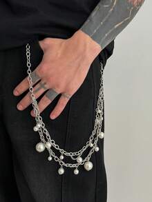 1pc Retro Geometric Faux Pearl Wrapped Double-Layer Cross Chain, Charming Jewelry Waist Chain, Gothic Punk High-End, Casual Minimalist, Street Snap, Rock Hip-Hop, Party, Daily Couples Versatile Fashion Men Necklace Gift - Pants Chain - View 3