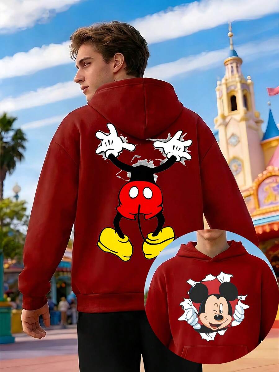 Men's Crew Neck Sweatshirt And Sweatpants Set, Disney Mickey Mouse Print, Sportswear, Comfortable Men's Hoodie And Sweatpants Two-Piece Set, The Best Gift For Men. - 紅色 - 查看 1