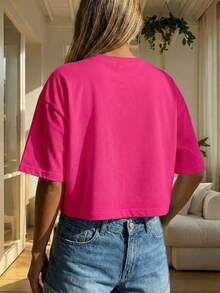 Blusa de mujer de corte holgado, cuello redondo, manga corta, casual, adecuada para primavera y verano, con estilo minimalista, elegante y sexy Y2K, apta para uso diario, oficina, hogar y exteriores - Rosa Fucsia - Ver 7