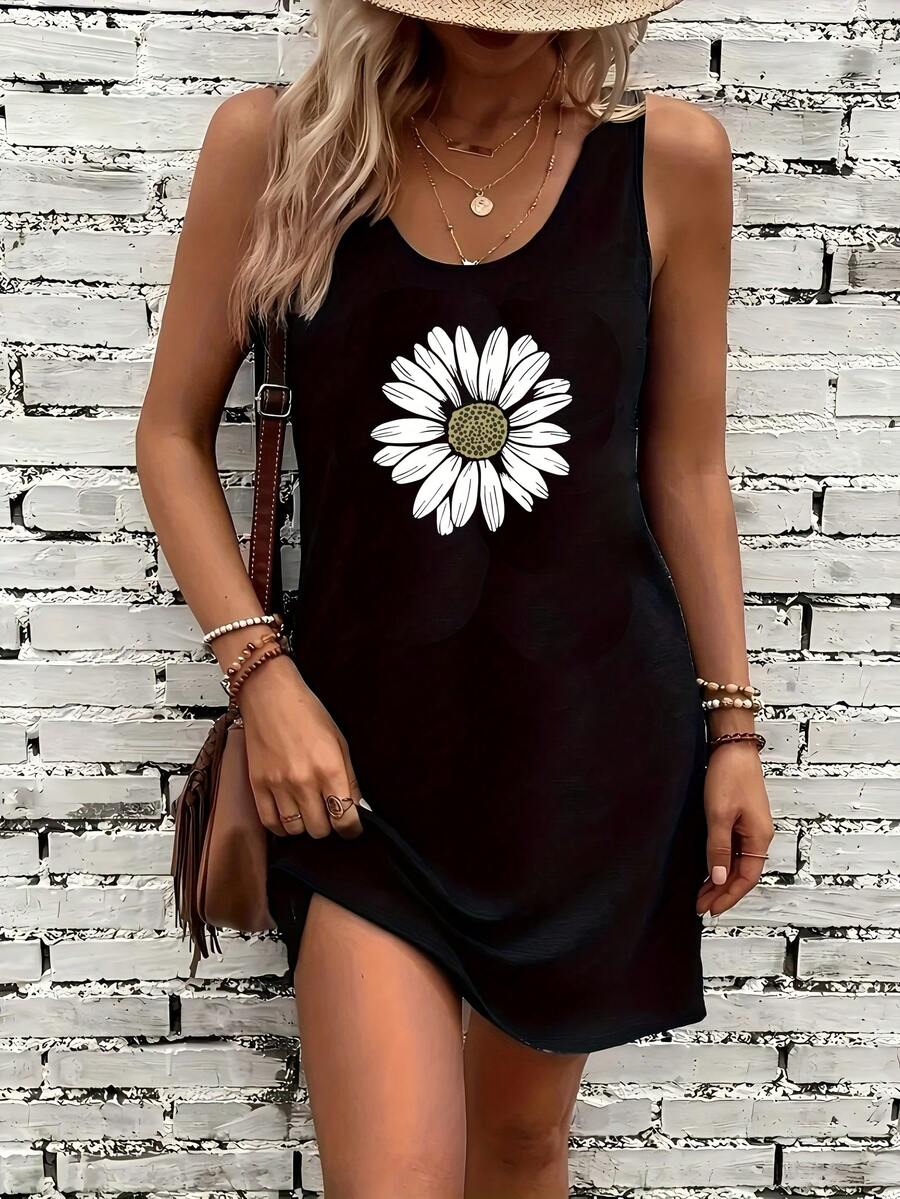 Daisy Pattern Printed Sleeveless Dress, Spring Summer Casual Vest Dress, Fashion Women Clothing 2IXM - 深灰色 - 查看 1