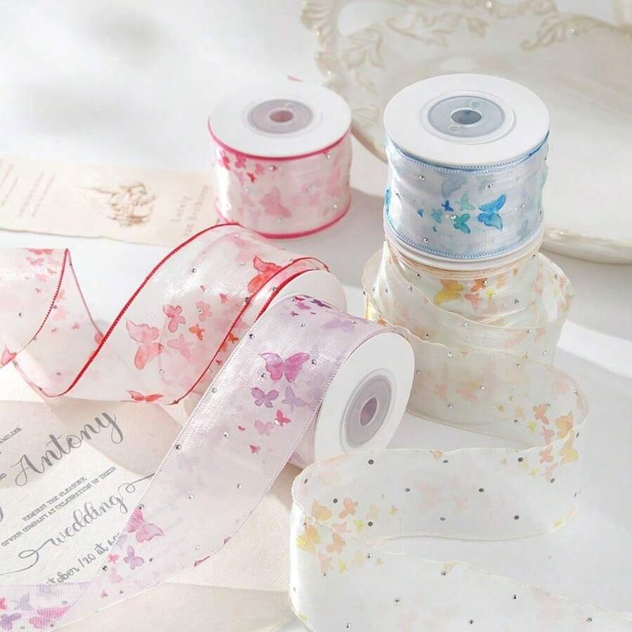 Pita Chiffon Salju Transparan Berhiaskan Berlian Imitasi, Aksesori Rambut DIY, Topi Jerami, Toko Bunga, Kemasan Bunga Segar, Pita Tenun Chiffon Salju Halus dengan Titik Perak