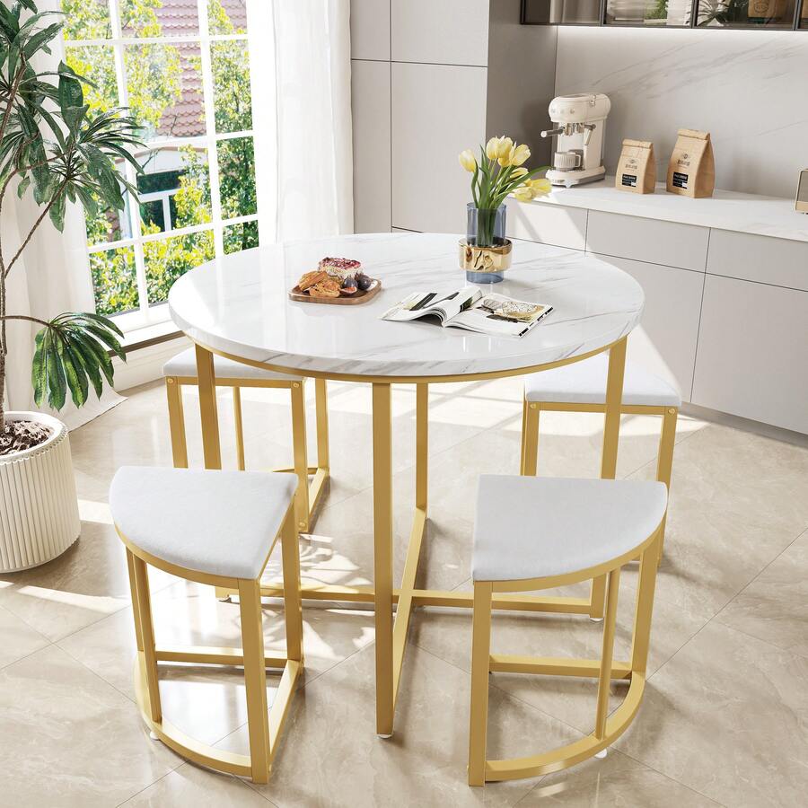 Dining Set Containing Four Chairs With MDF Tabletop And Gold Iron Frame. Velvet Seat, White, Grey. - White - View 1