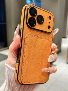 Ốp điện thoại giả da cao cấp có nếp nhăn, kèm ngăn đựng thẻ và khả năng chống sốc cho iPhone 16, 15, 14, 13 Pro Max, 17 Pro Max, 14, 15, 16 Plus, 11 - trái cam - Xem 2