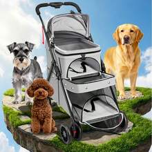 Coche de Paseo Doble Capa Desmontable para Gatos y Perros Pequeños/Medios - Cochecito de Viaje de 2 Niveles con Tela Oxford, Malla Ventilada y Cesta de Almacenamiento - Manillar Ergonómico para Salidas Seguras y Cómodas, Diseño de Dos Plataformas, Ruedas de Plástico Duraderas - Gris Claro - Ver 7