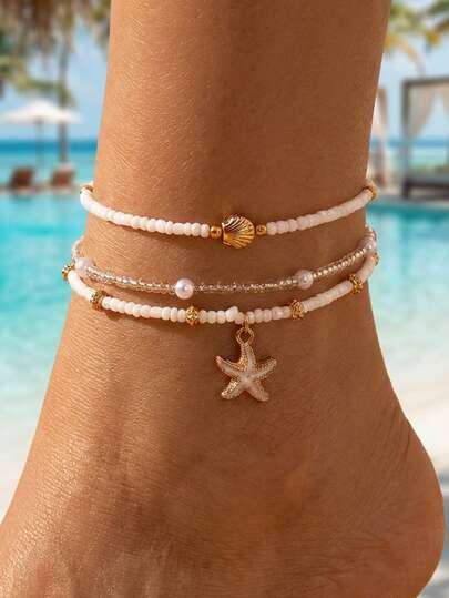 1 Set Of 3 Pcs Pearl Alloy Starfish & Shell Anklets, White & Silver, Suitable For Women, Summer Beach, Holiday, Party, Gift