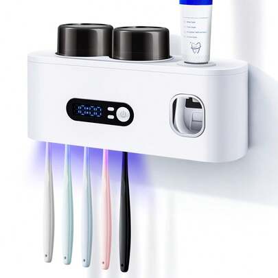 Esterilizador de cepillo de dientes inteligente (1 pieza) - Carga USB + Reloj - Soporte de almacenamiento de 5 ranuras para cepillos - Incluye 2 tazas + Dispensador automático de pasta de dientes - Estante de almacenamiento de plástico moderno para el baño para artículos de higiene dental esenciales