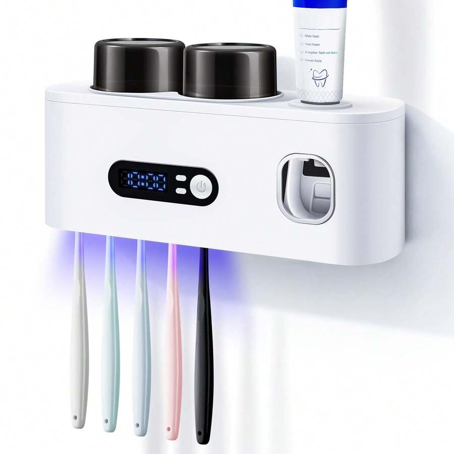 Smart Toothbrush Sterilizer (1 Unit) - USB Charging + Clock - 5-Slot Storage Brush Holder - Includes 2 Cups + Automatic Toothpaste Dispenser - Modern Bathroom Plastic Storage Rack For Dental Hygiene Essentials - White (applies to Smooth Walls Only) - View 1