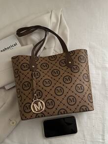 New Arrival Tote Bag With Rhombus Print Pendant, Simple And Versatile Underarm Bag, Practical Commuter Bag - Brown - View 3