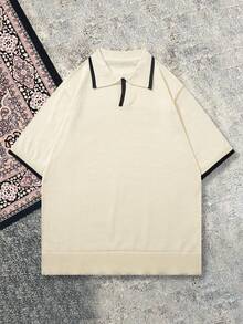 Men's Knitted Polo Shirt, Turn-Down Collar, Short Sleeve, Loose Fit, Vintage Casual, Color Block Black Trim, Lightweight Summer Knit Top - Apricot - View 6
