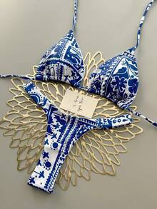 3 piezas Conjunto de bikini bohemio sexy con estampado de flores tropicales para vacaciones en la playa en primavera y verano - Azul - Ver 2